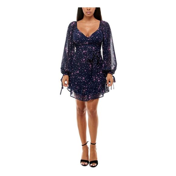 NWT B DARLIN Womens Navy Tie Asymmetrical-hem Balloon Sleeve Short Dress 5\6 - Picture 3 of 5